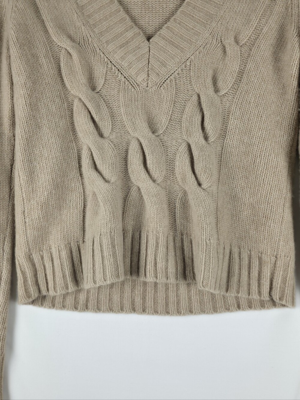 J. Crew Cashmere Blend Cable Knit V-Neck Sweater Tan Camel Minimalist Medium - Picture 3 of 10
